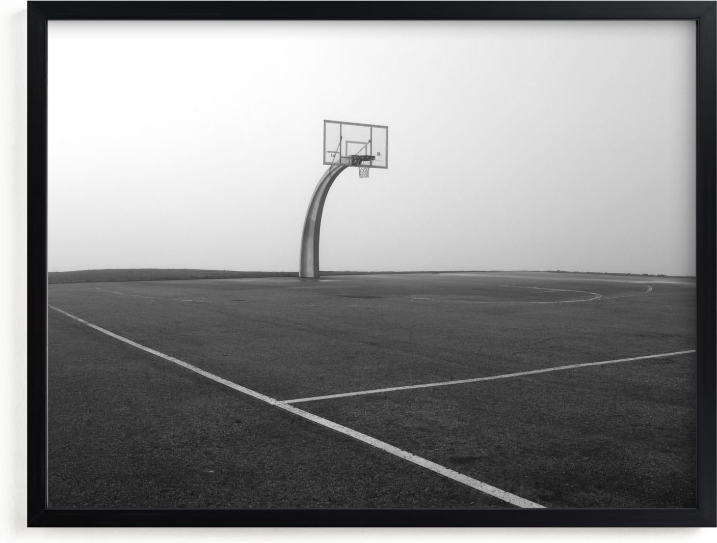This is a black and white art by Becky Nimoy called Foggy Basketball Court.
