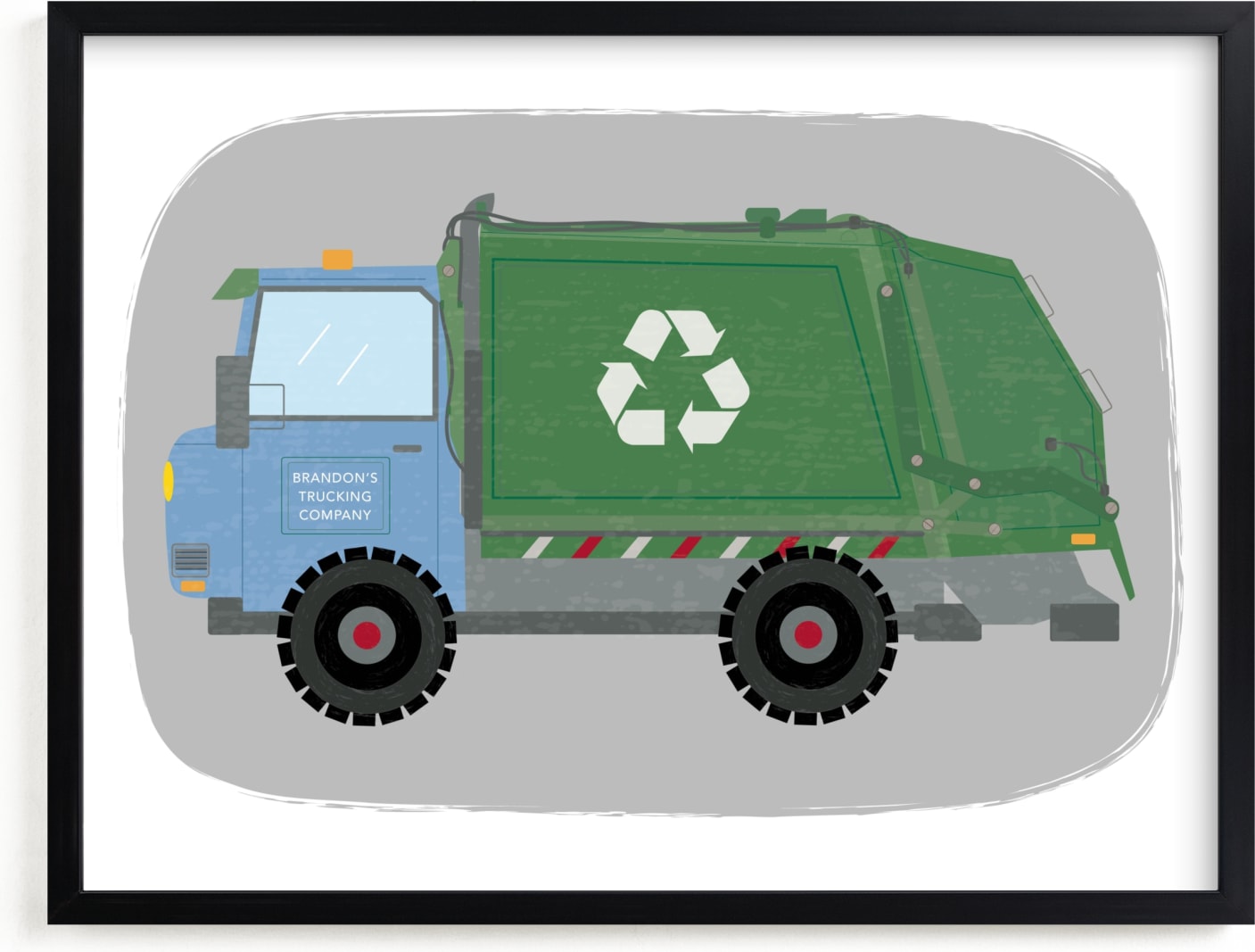 This is a green, grey personalized art for kid by Rebecca Marchese called The Garbage Recycle Truck.