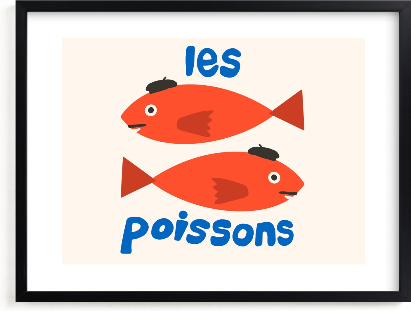This is a blue, black, red kids wall art by Morgan Kendall called French Fish.