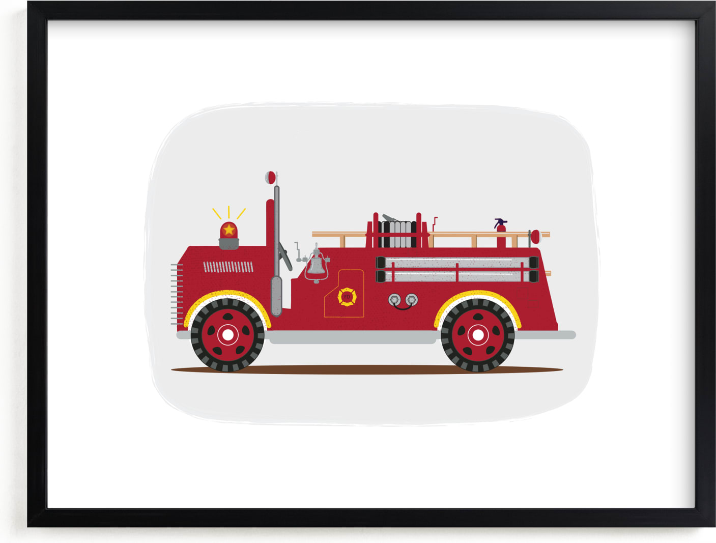 This is a yellow, grey, red kids wall art by Rebecca Marchese called Red Fire Truck #2.