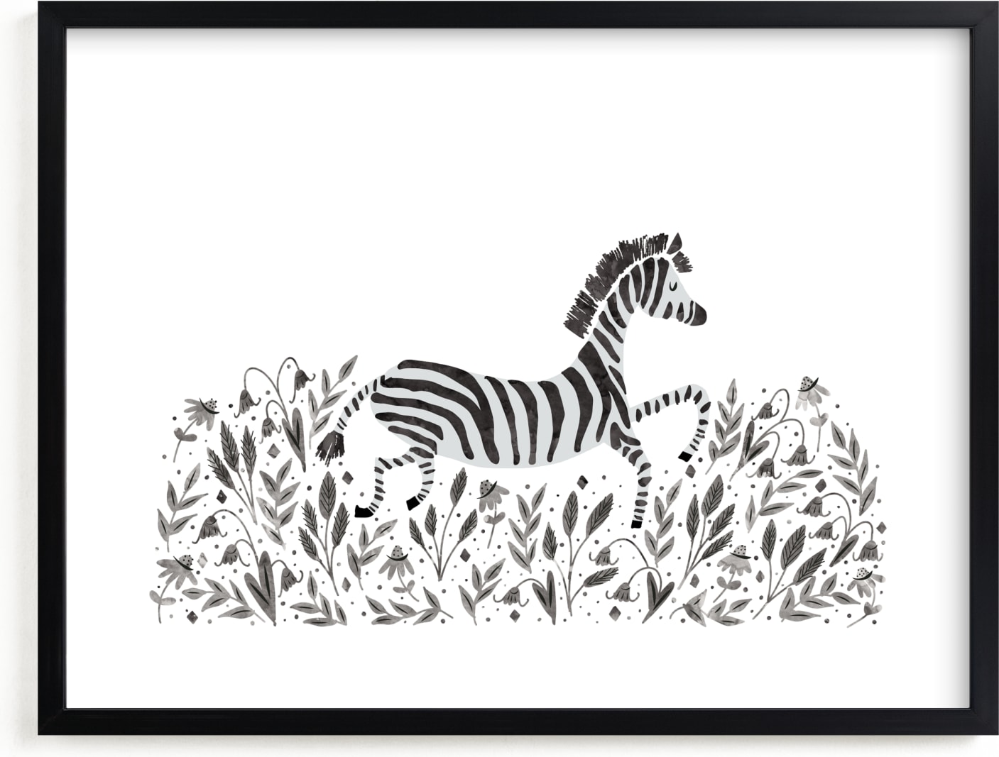 This is a black and white kids wall art by Jackie Crawford called Zebra in the Flowers.