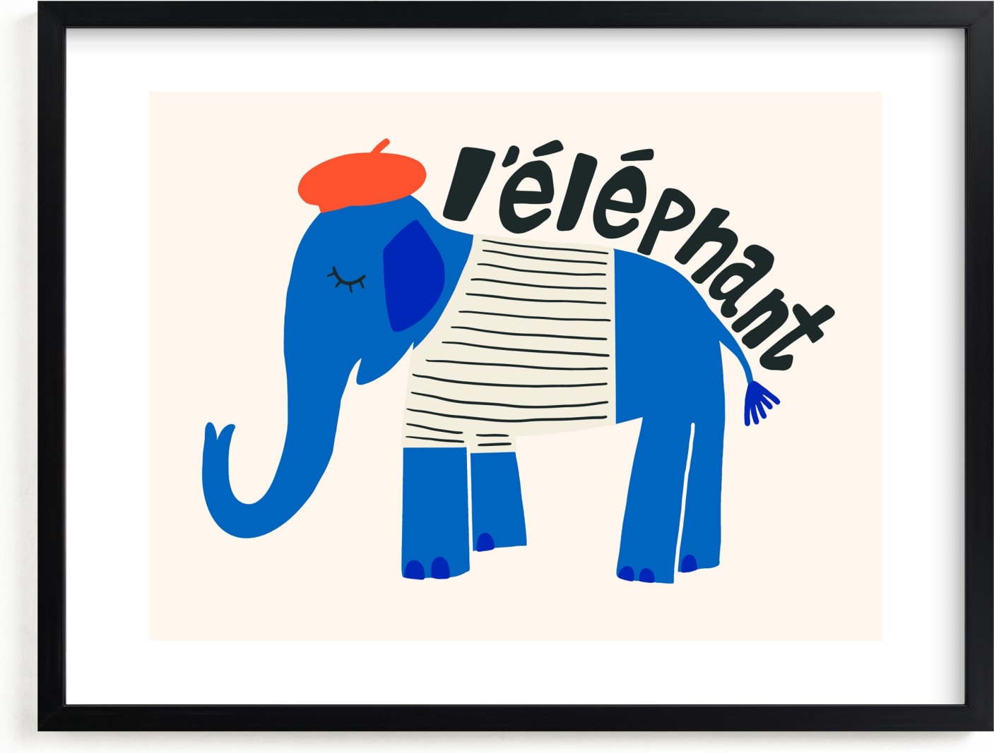 This is a blue, black, red kids wall art by Morgan Kendall called French Elephant.