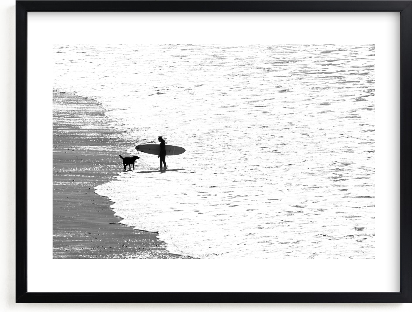 This is a black and white, grey art by Leslie Le Coq called Beach Dog.