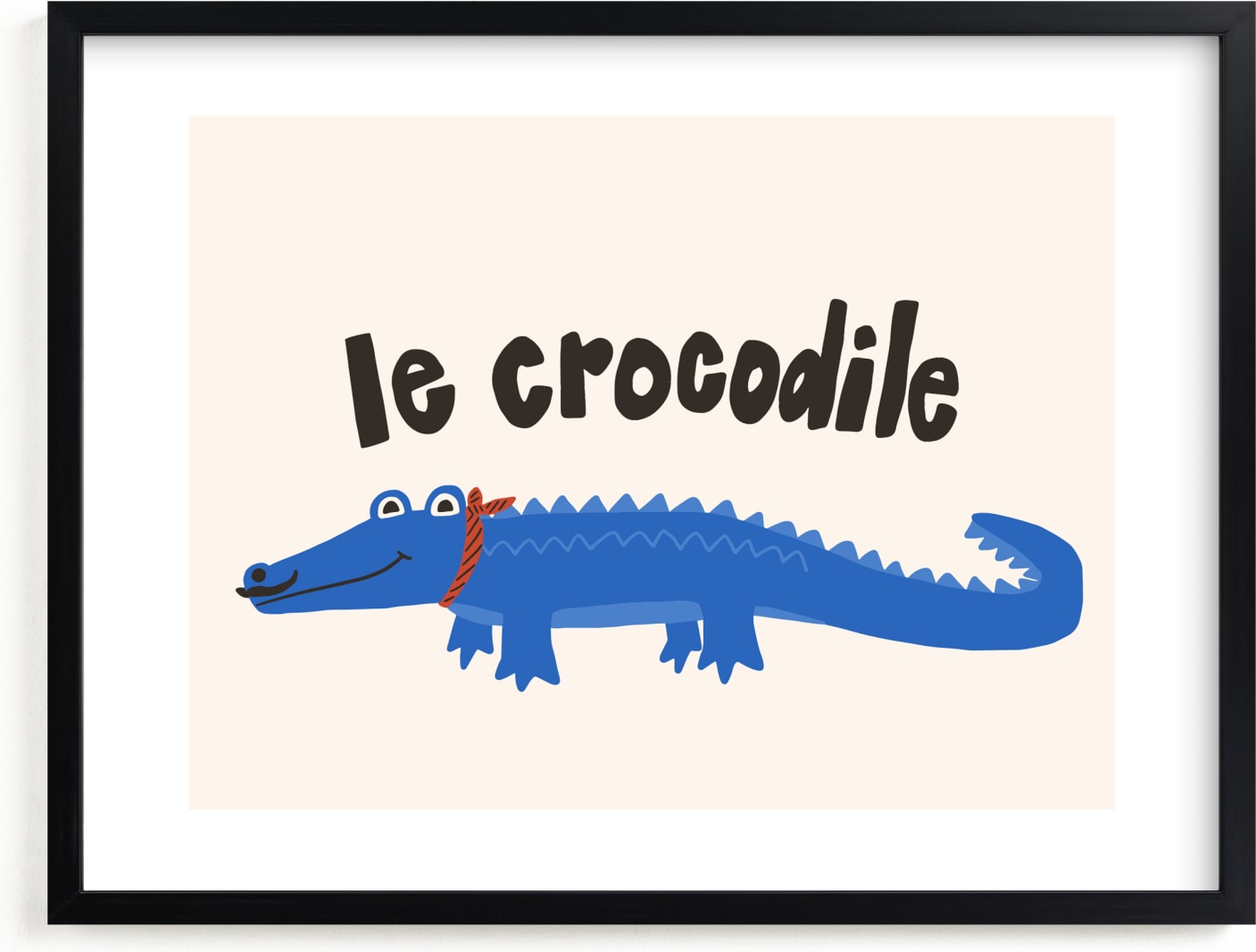 This is a blue, ivory, red art by Morgan Kendall called French Crocodile.