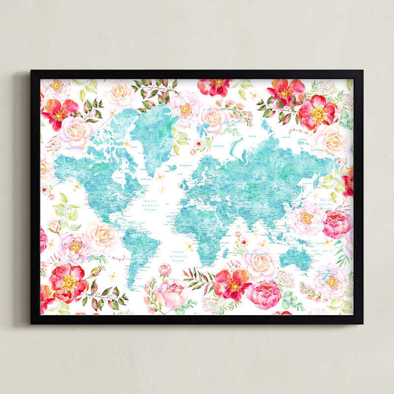 Floral watercolor world map