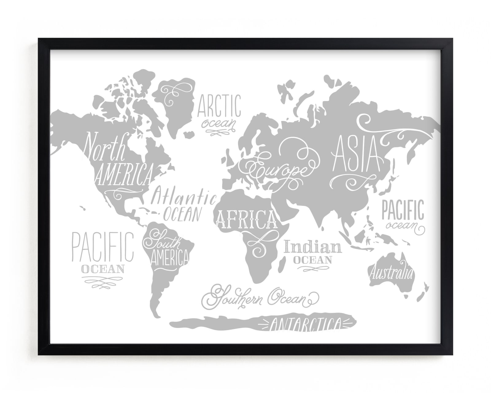 This is a black and white kids wall art by Jessie Steury called Wild Worldwide Map.
