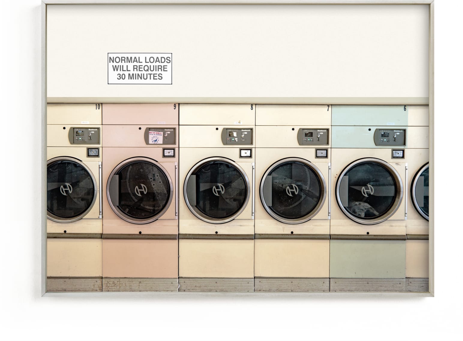 This is a pink, beige, green art by Maja Cunningham called at the laundromat.