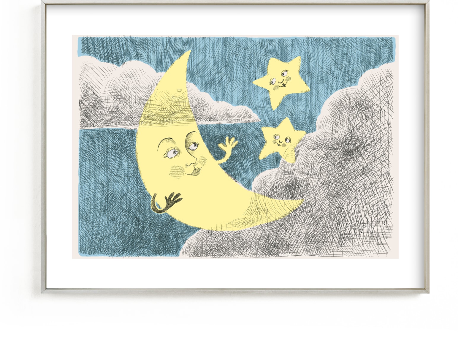 This is a blue, yellow, beige nursery wall art by Catilustre called Claire de Lune.