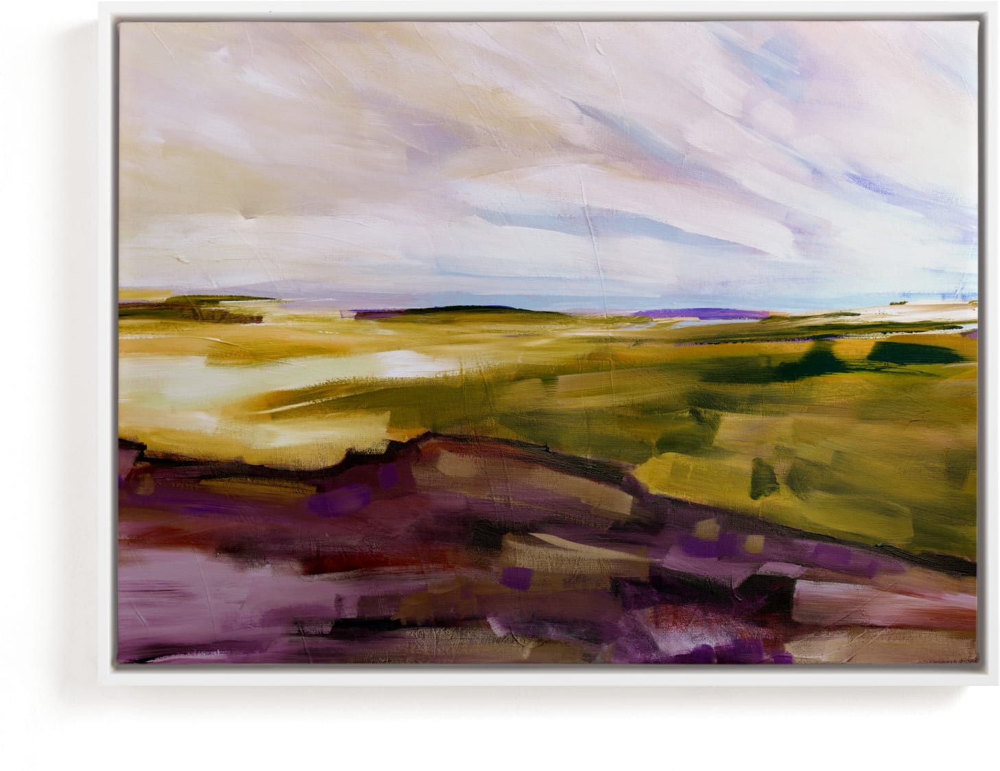 This is a purple, green, non classic colors art by Jen Florentine called Land View.