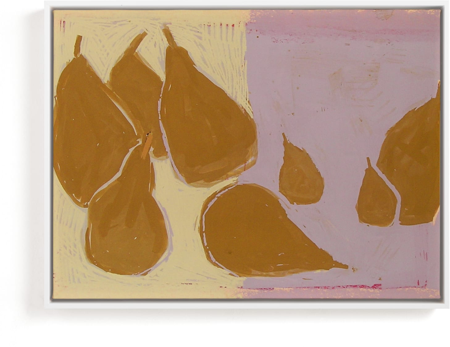 This is a yellow, beige, rosegold art by Liz Innvar called Bosc pears.
