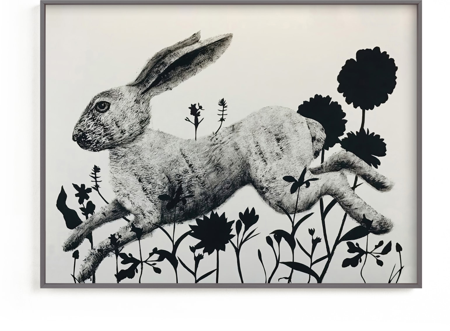 This is a black and white art by Holly Hudson called Leaping Hare.
