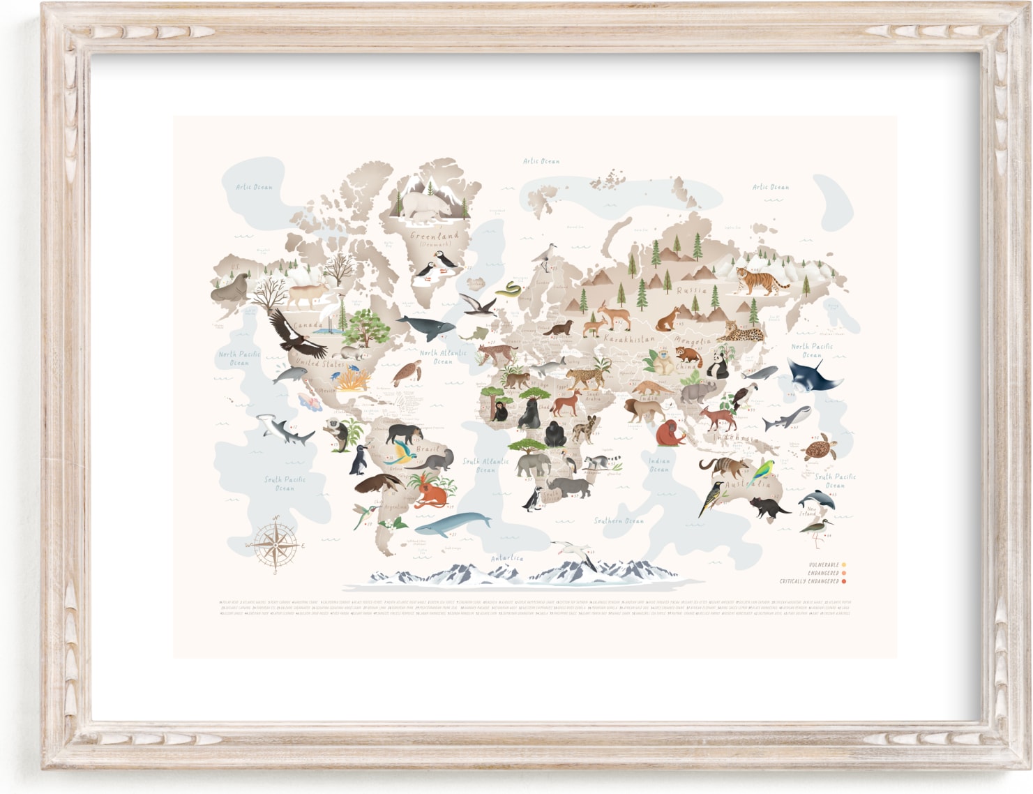 This is a ivory, beige, green art by Sabrin Deirani called Animals World map, 65 threatened species.