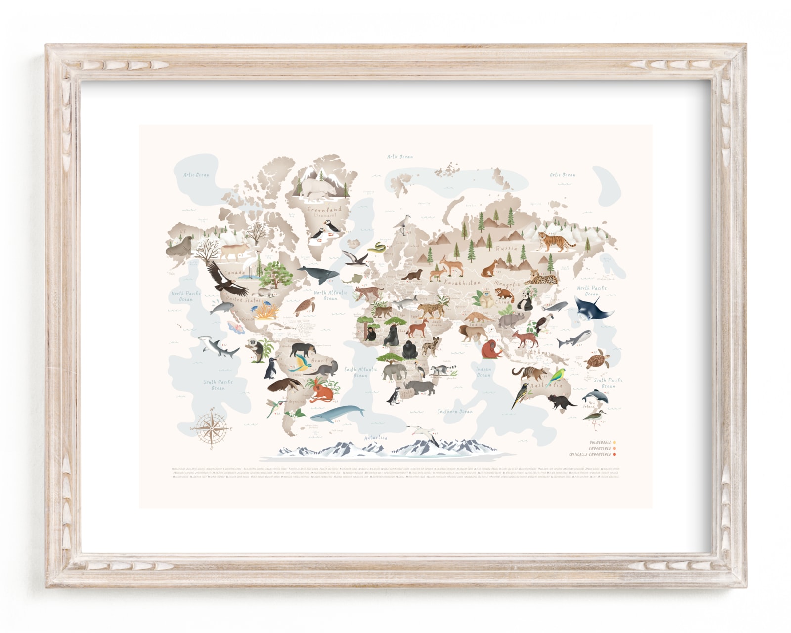 "Animals World map, 65 threatened species" by Sabrin Deirani in beautiful frame options and a variety of sizes.