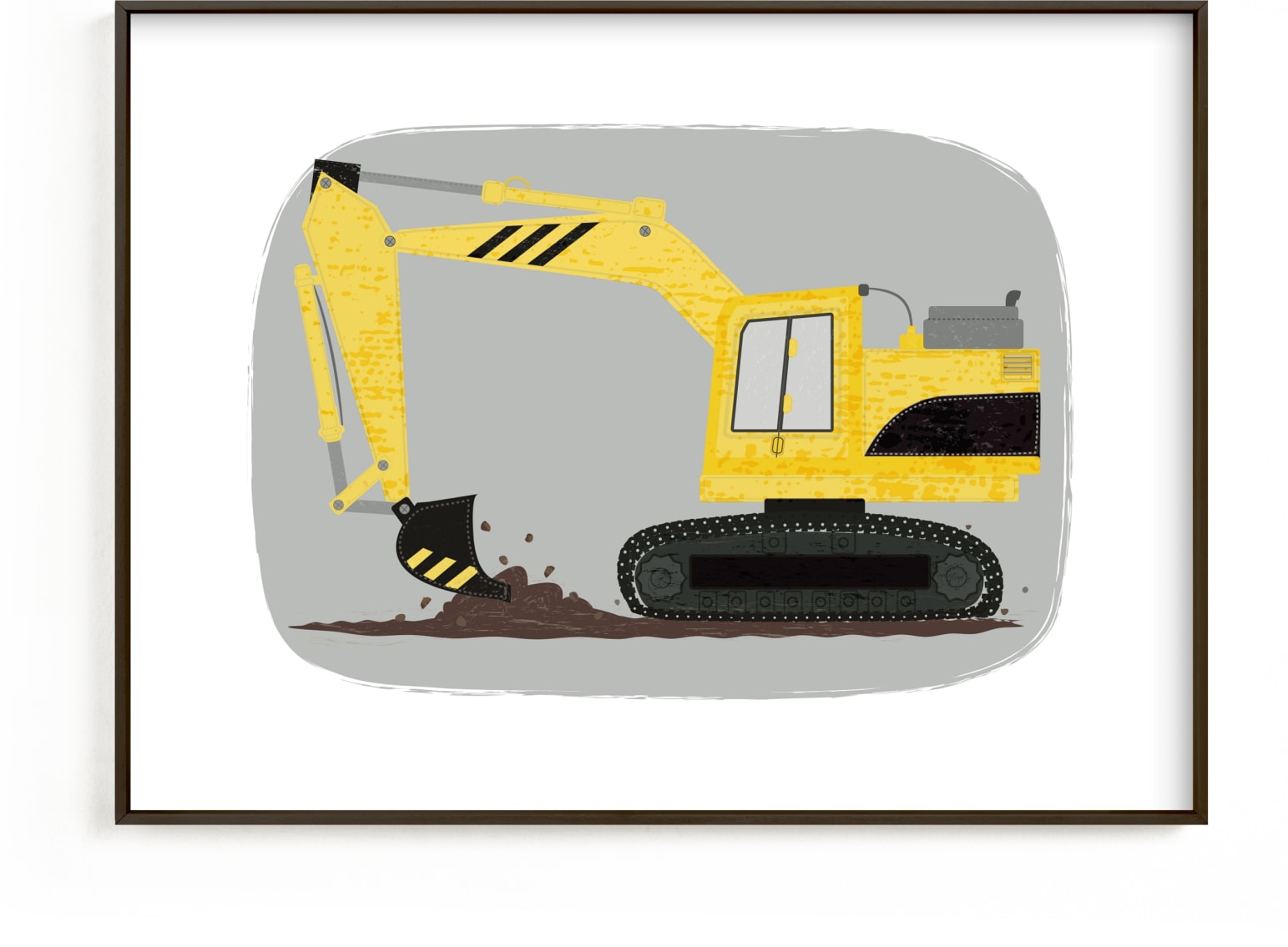 This is a yellow kids wall art by Rebecca Marchese called The Construction Excavator.