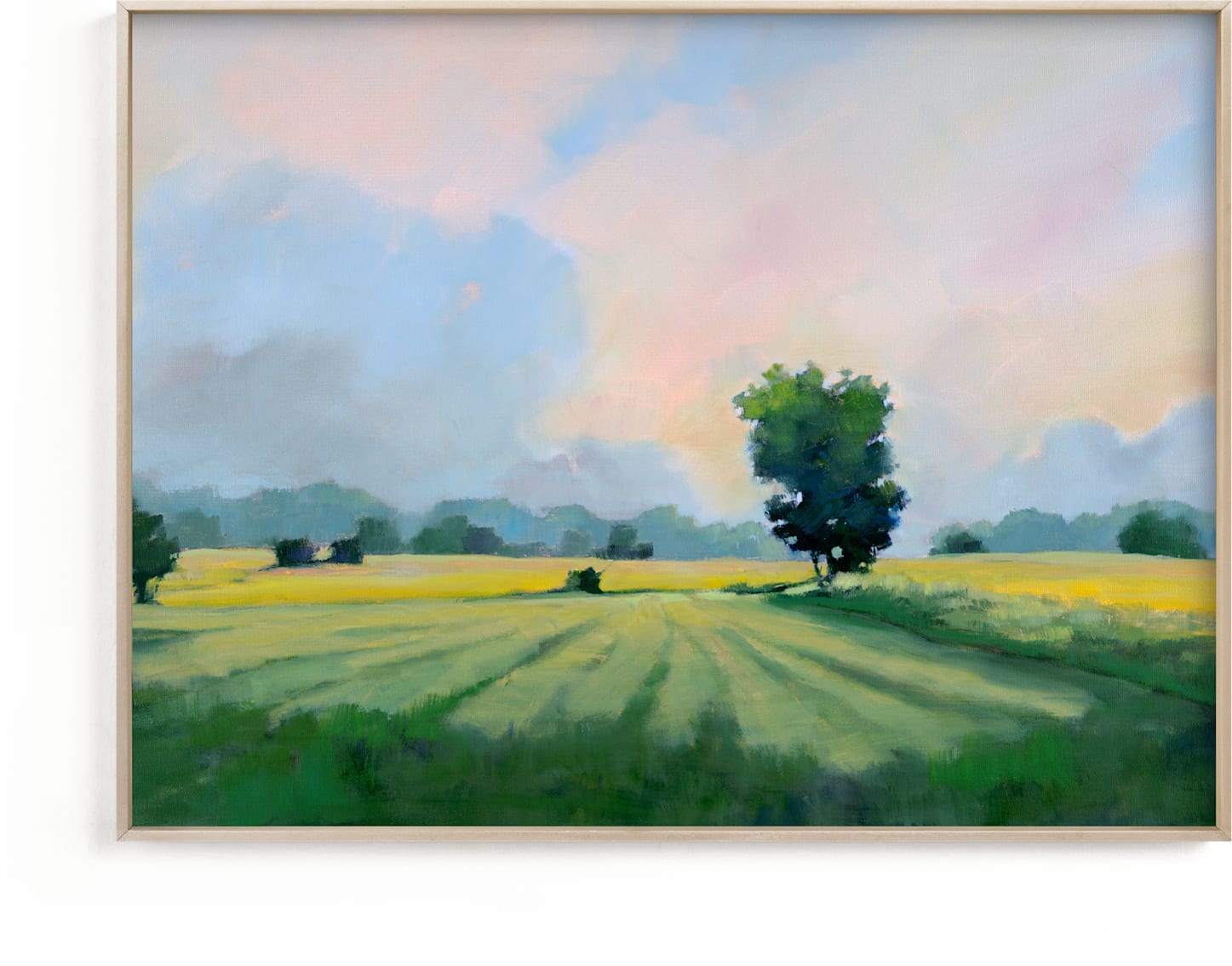 This is a blue, pink, green art by Stephanie Goos Johnson called Far Fields.