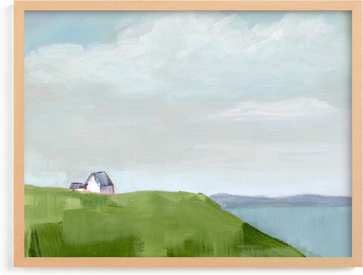 This is a blue, white, green art by Jen Tips called House on the Hill.