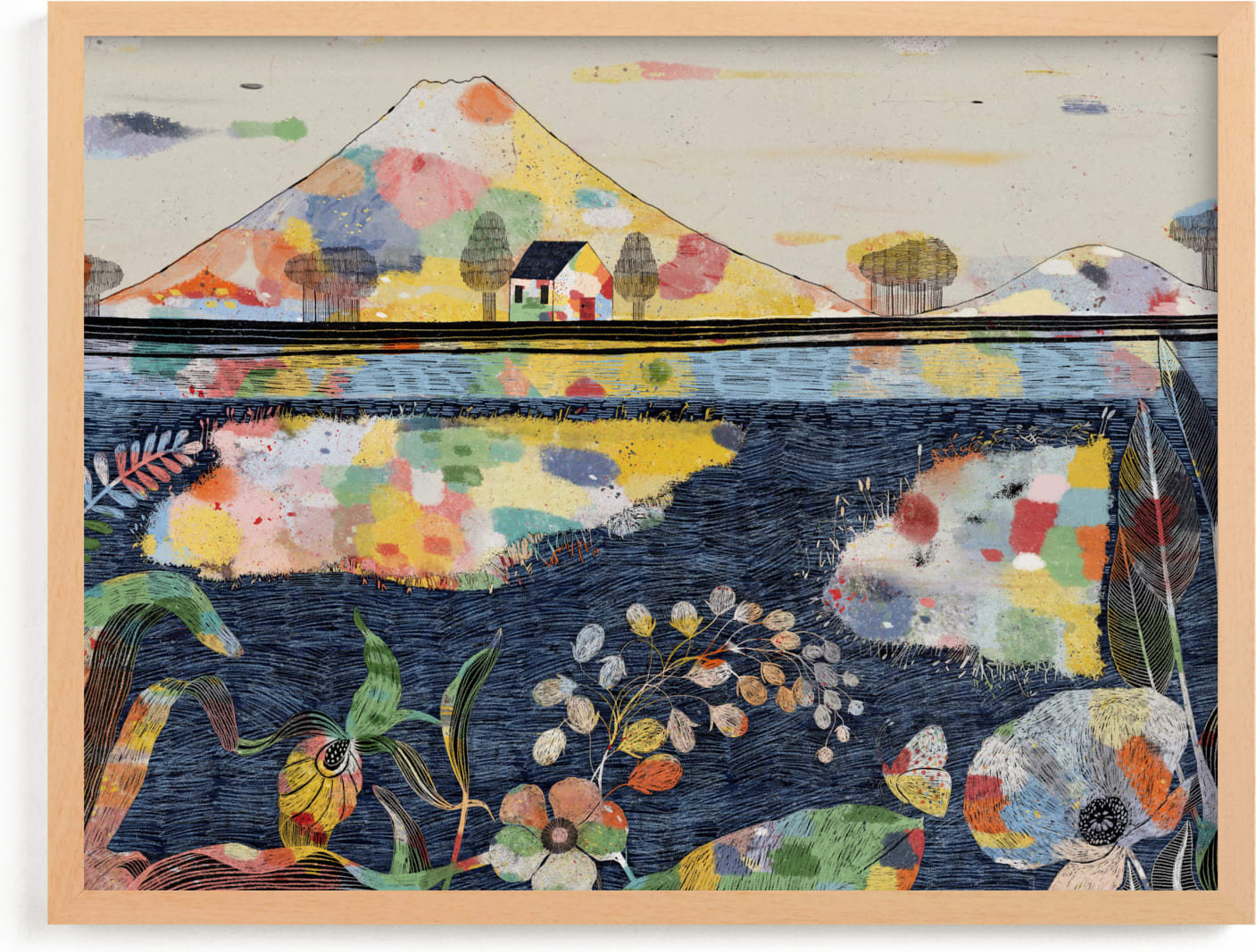 This is a colorful art by Lee-Anne Schmidt called The Lake House.