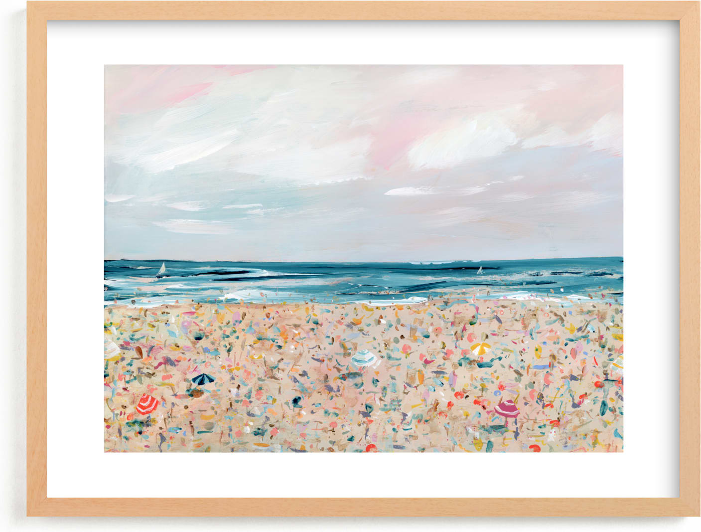 This is a blue, pink, beige kids wall art by Lindsay Megahed called sea you at the beach.
