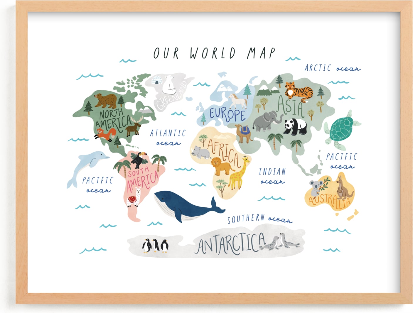 This is a blue, yellow, green kids wall art by Elly called Our World Map.