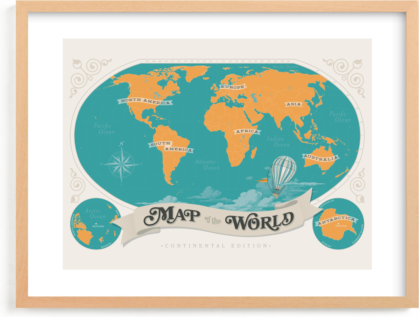 This is a blue kids wall art by GeekInk Design called Map Of The World.