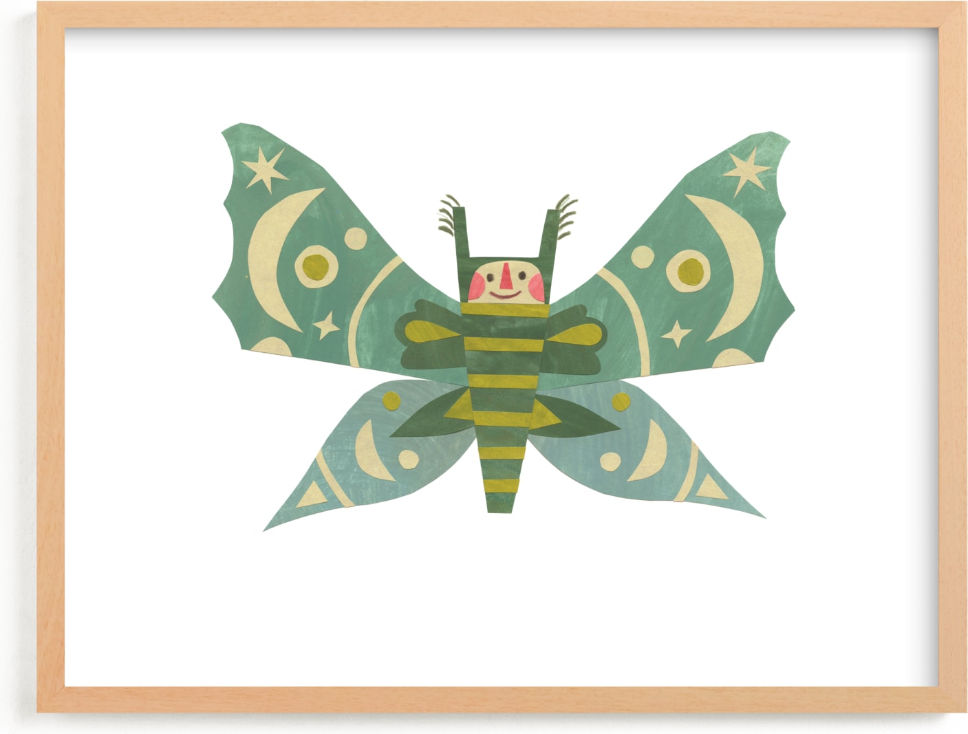 This is a blue, ivory, green kids wall art by Sarah Hand called Midnight Moth.