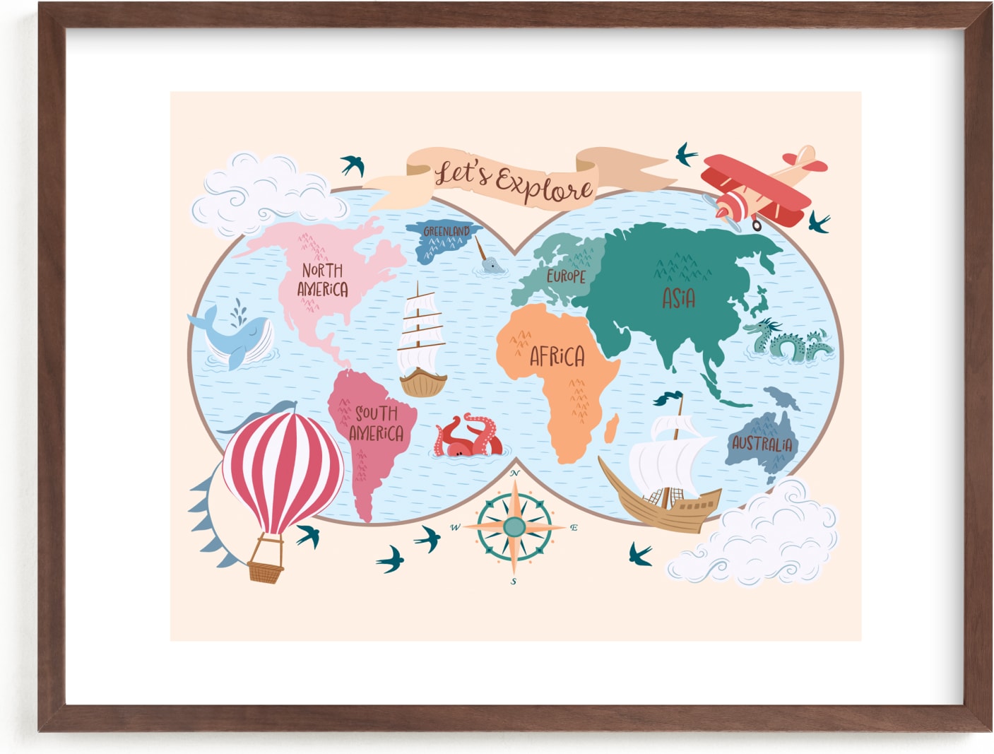 This is a blue, beige, orange kids wall art by DorothyDear Creations called Exploration Map.