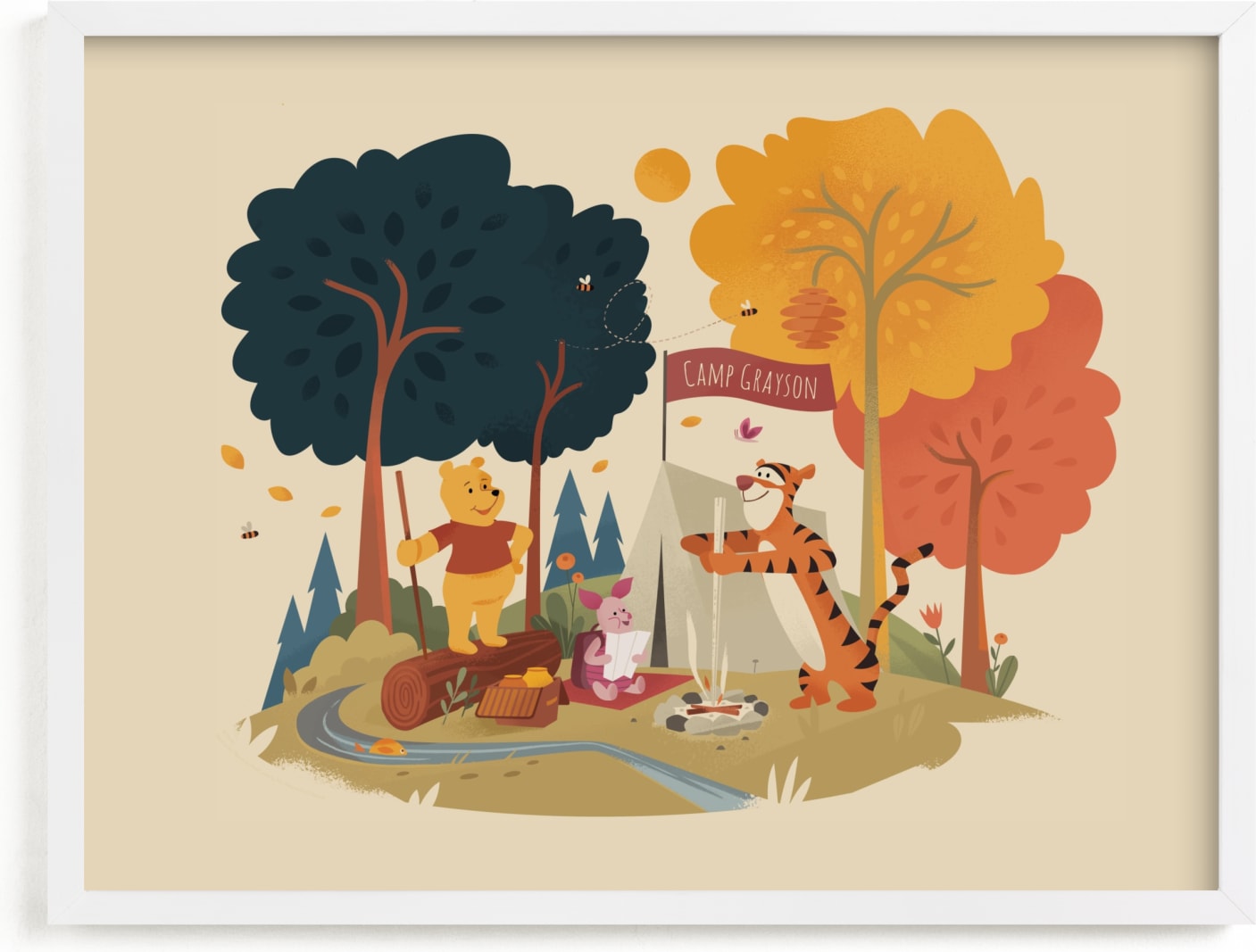This is a beige disney art by Morgan Ramberg called Pooh Goes Camping | Winnie The Pooh.