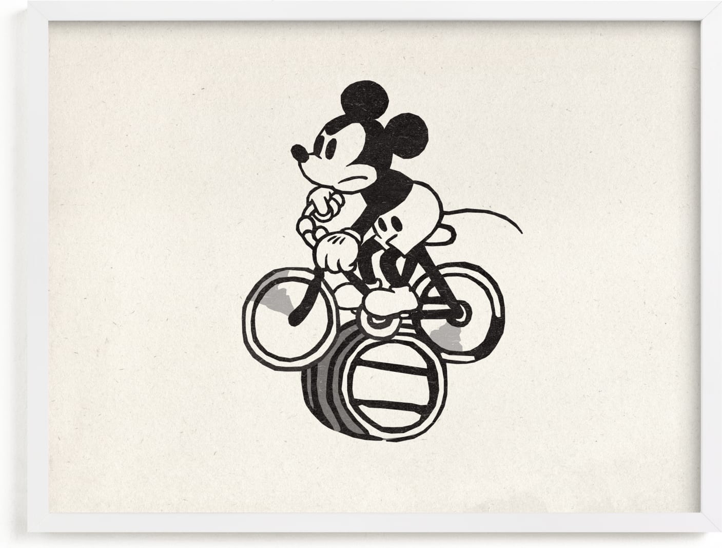 This is a black and white disney art by Sumak Studio called Disney's Mickey Mouse Riding A Bicycle.