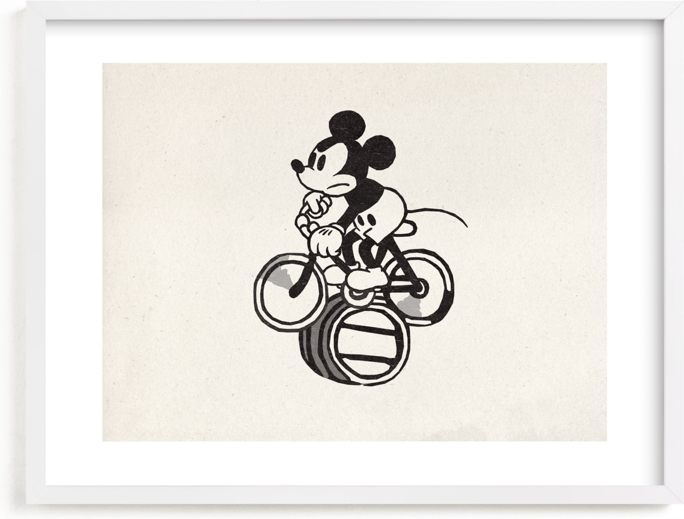 This is a black and white disney art by Sumak Studio called Disney's Mickey Mouse Riding A Bicycle.