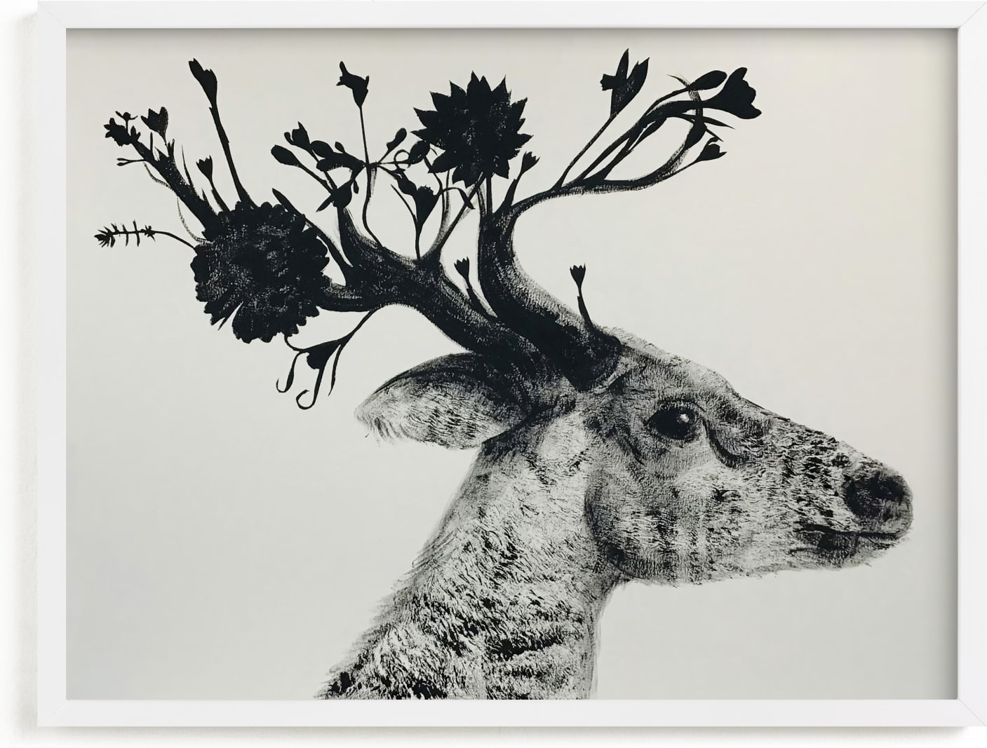 This is a black and white art by Holly Hudson called Flower Stag.