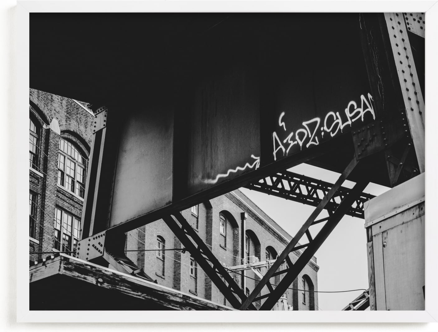 This is a black and white art by Curtis Newkirk called Shockoe Crossing.