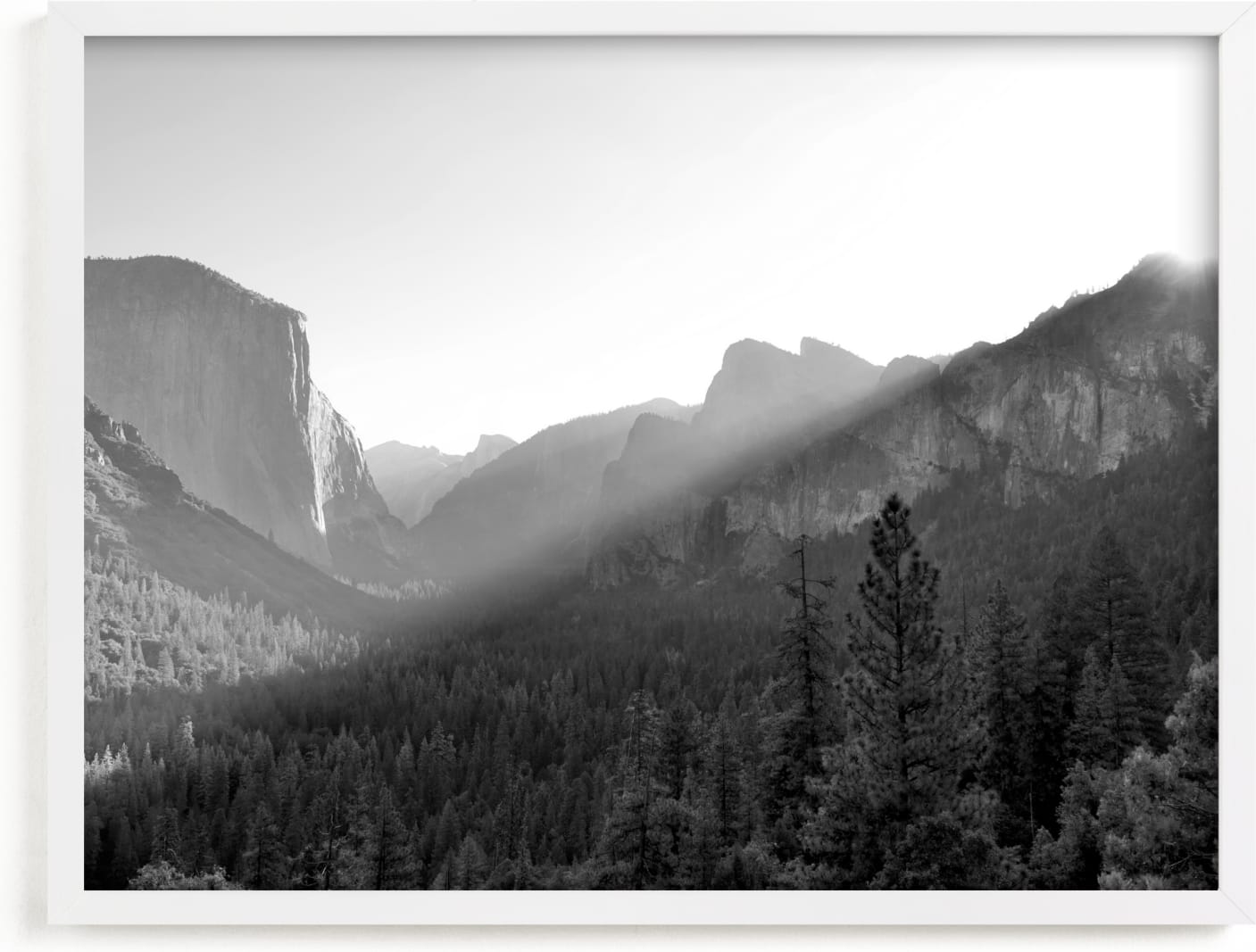 This is a black and white art by Jan Kessel called Yosemite First Rays.