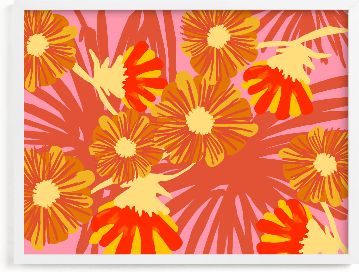This is a yellow, pink, orange art by Deborah Velasquez called Electric Bloom.