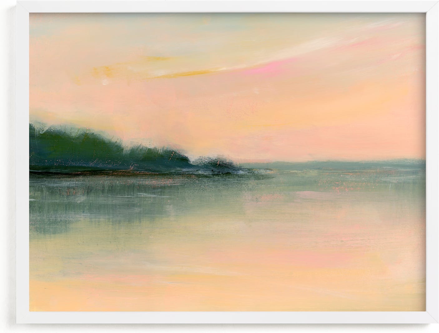 This is a pink, orange, green art by Lindsay Megahed called Quiet Cove.