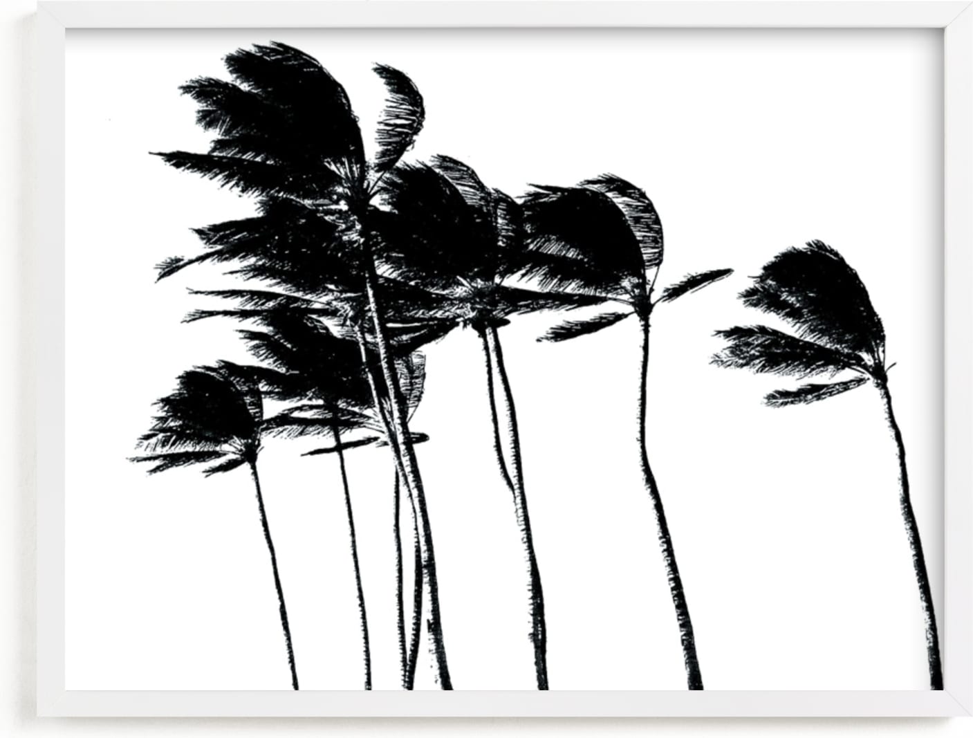This is a black and white art by BeachPaperCo called Palm Trees in the Wind.