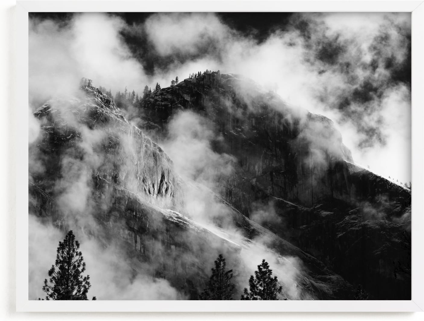 This is a black and white art by Elise Akerson called Clouds/Yosemite.