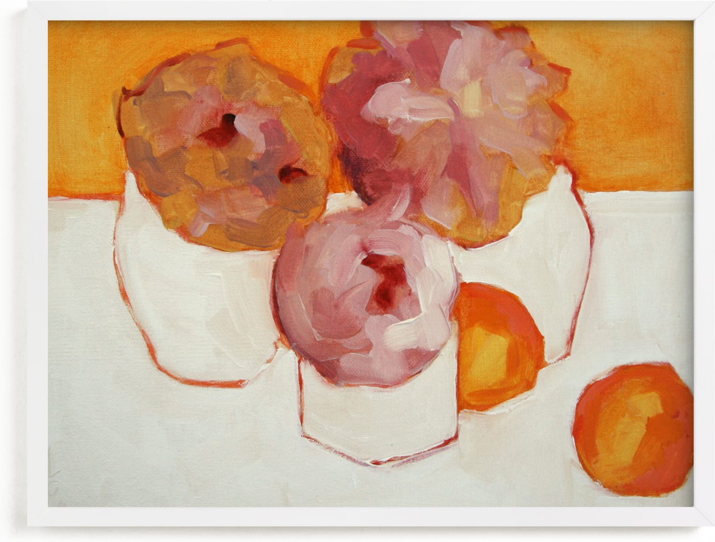 This is a white art by Lynne Millar called Peonies and Kumquats.
