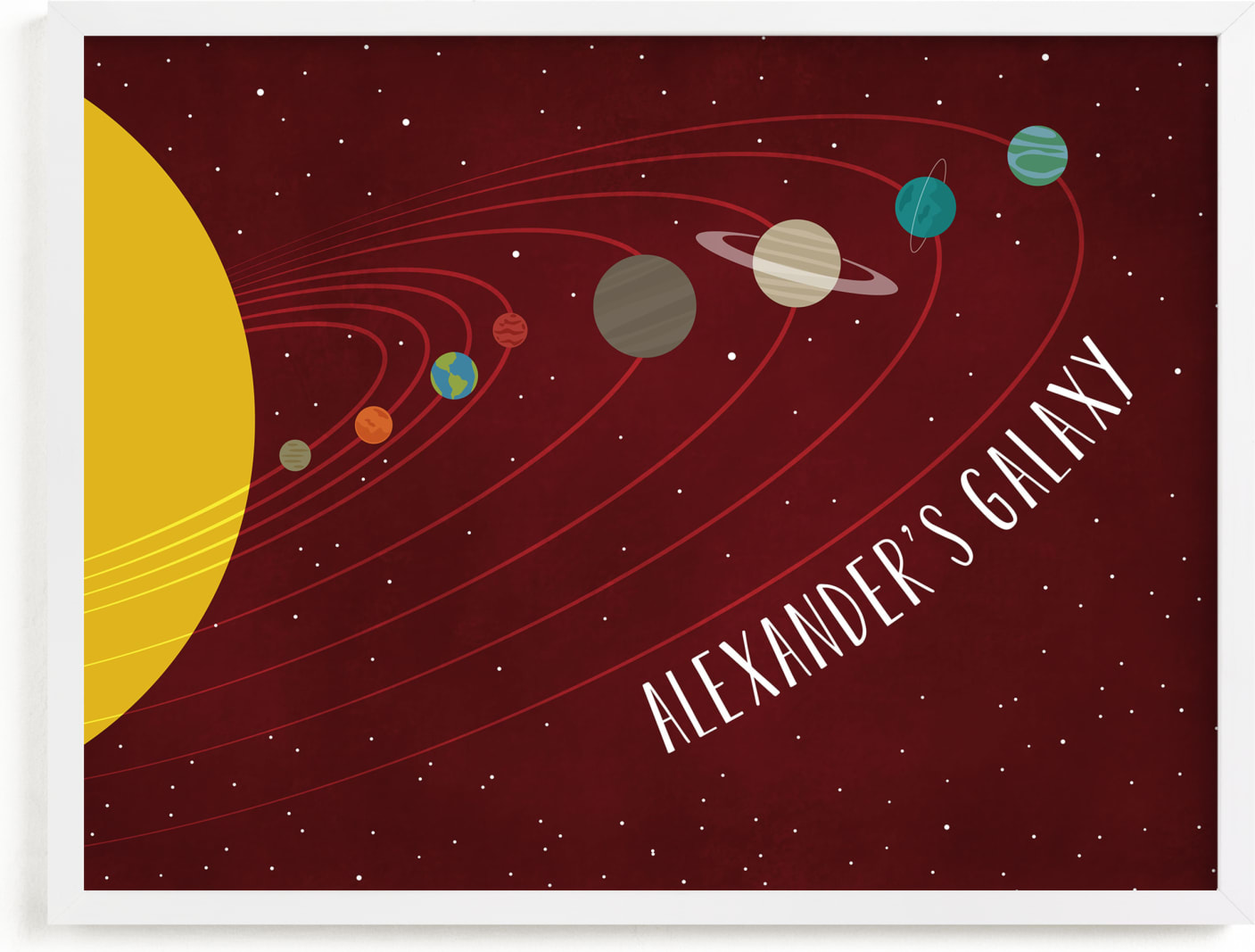 This is a red personalized art for kid by Heather Schertzer called Galaxy.