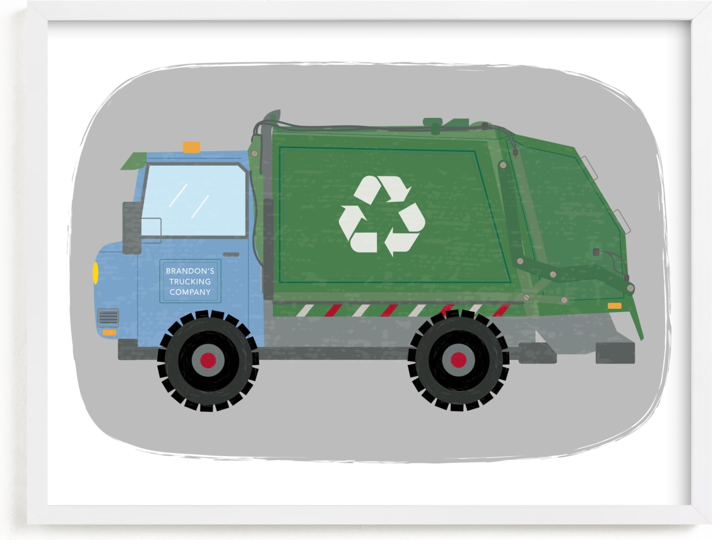 This is a green personalized art for kid by Rebecca Marchese called The Garbage Recycle Truck.