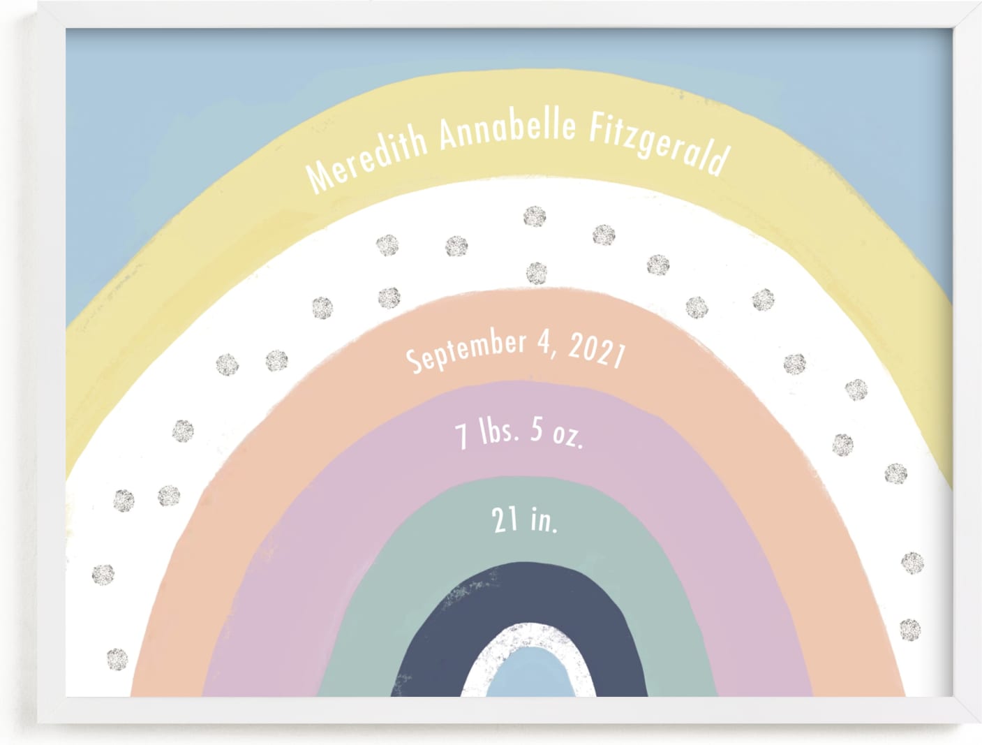 This is a blue, colorful, yellow personalized art for kid by Lindsay Kelly Art called Personalized Rainbow.
