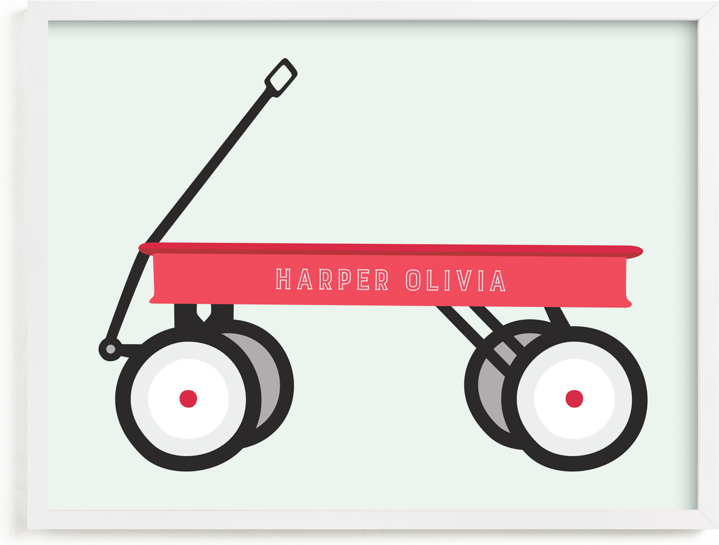 This is a green personalized art for kid by Alexandra Cohn called Little Red Wagon.