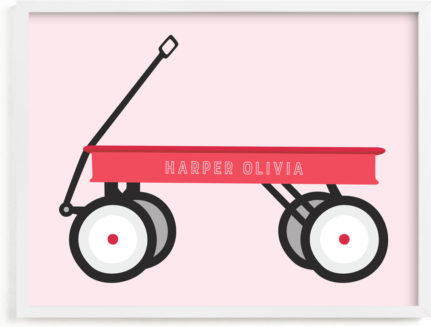 This is a pink personalized art for kid by Alexandra Cohn called Little Red Wagon.