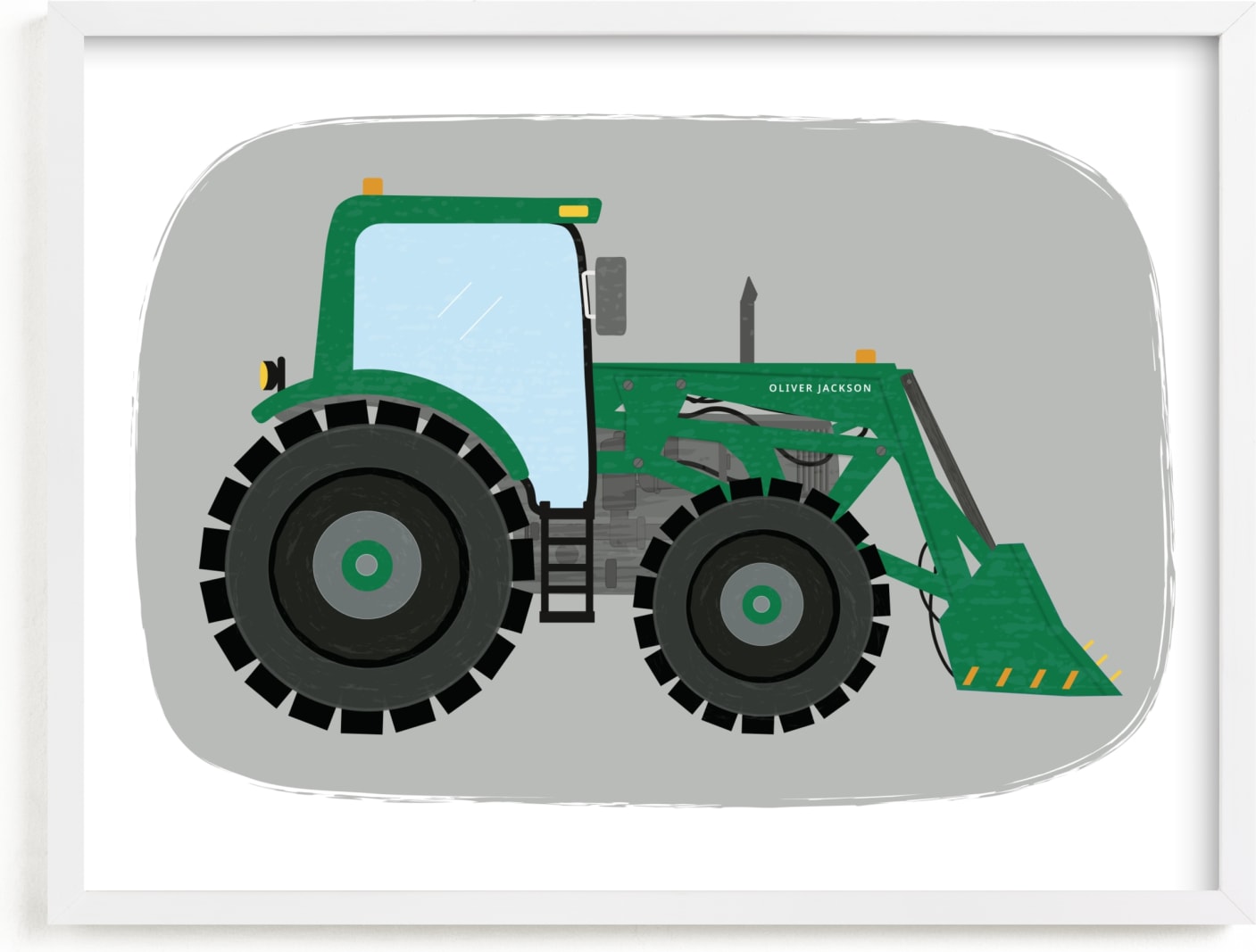 This is a grey personalized art for kid by Rebecca Marchese called front end loader tractor.
