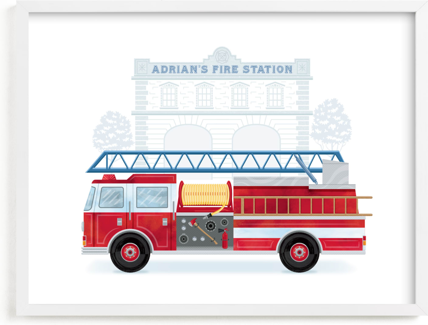 This is a red personalized art for kid by Paper Sun Studio called Fire Engine to the Rescue.