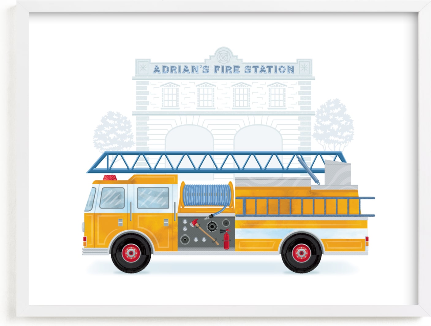 This is a yellow personalized art for kid by Paper Sun Studio called Fire Engine to the Rescue.