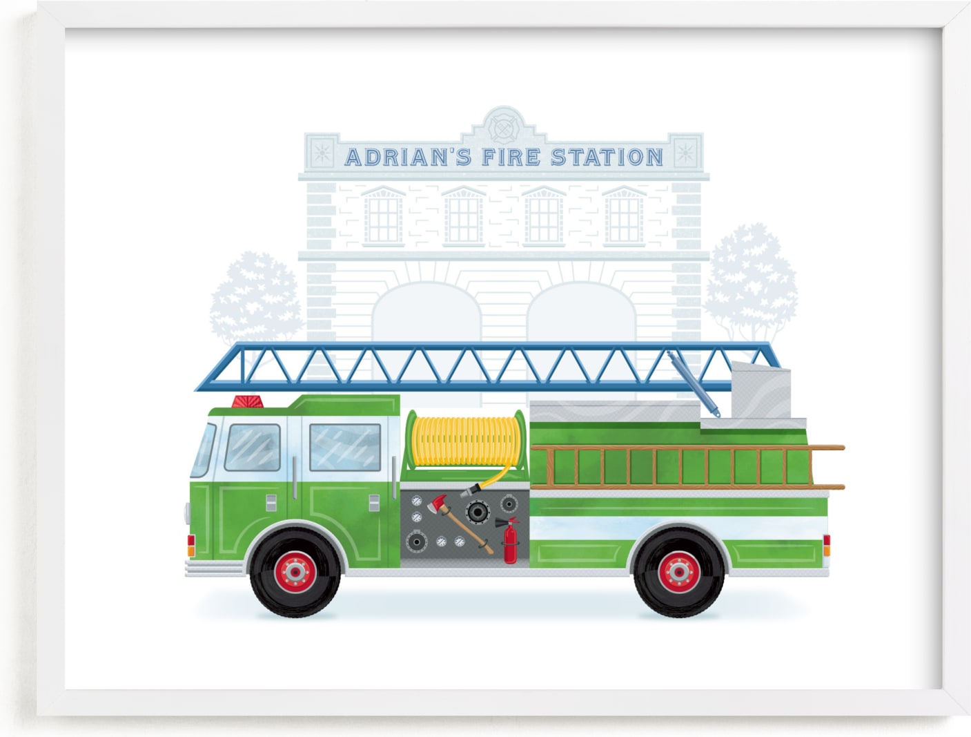 This is a green personalized art for kid by Paper Sun Studio called Fire Engine to the Rescue.
