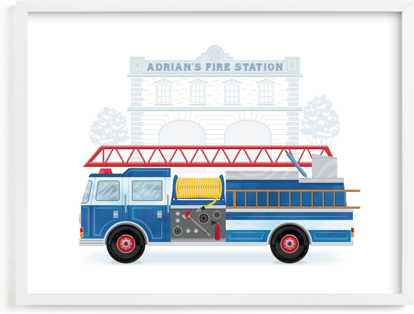 This is a blue personalized art for kid by Paper Sun Studio called Fire Engine to the Rescue.