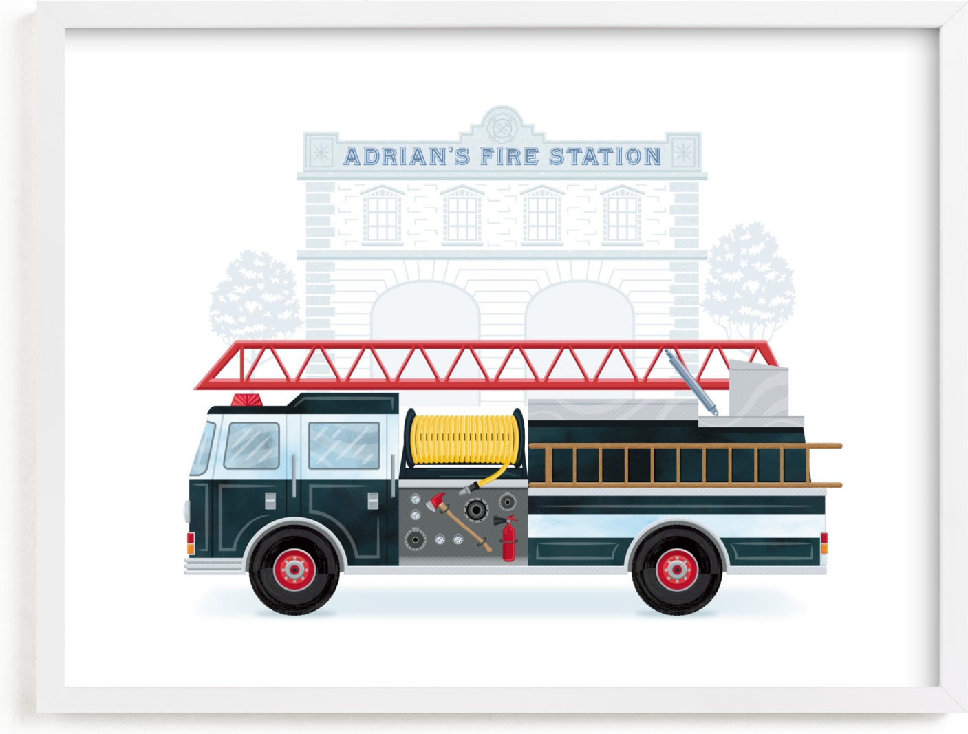 This is a grey personalized art for kid by Paper Sun Studio called Fire Engine to the Rescue.