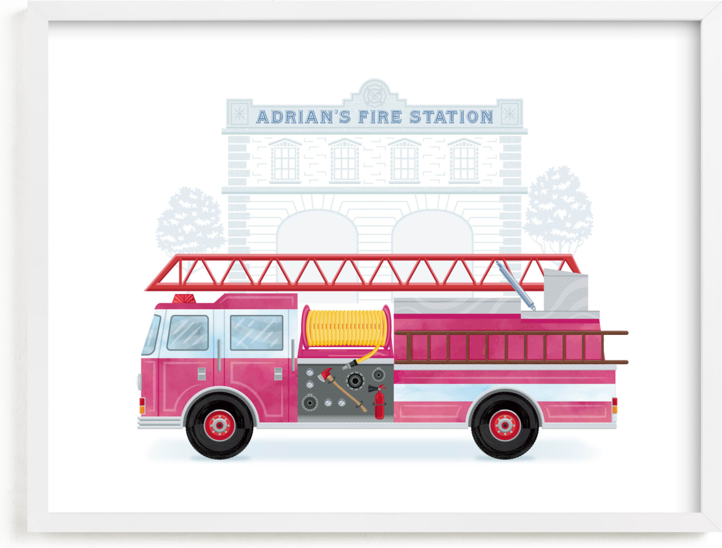 This is a pink personalized art for kid by Paper Sun Studio called Fire Engine to the Rescue.