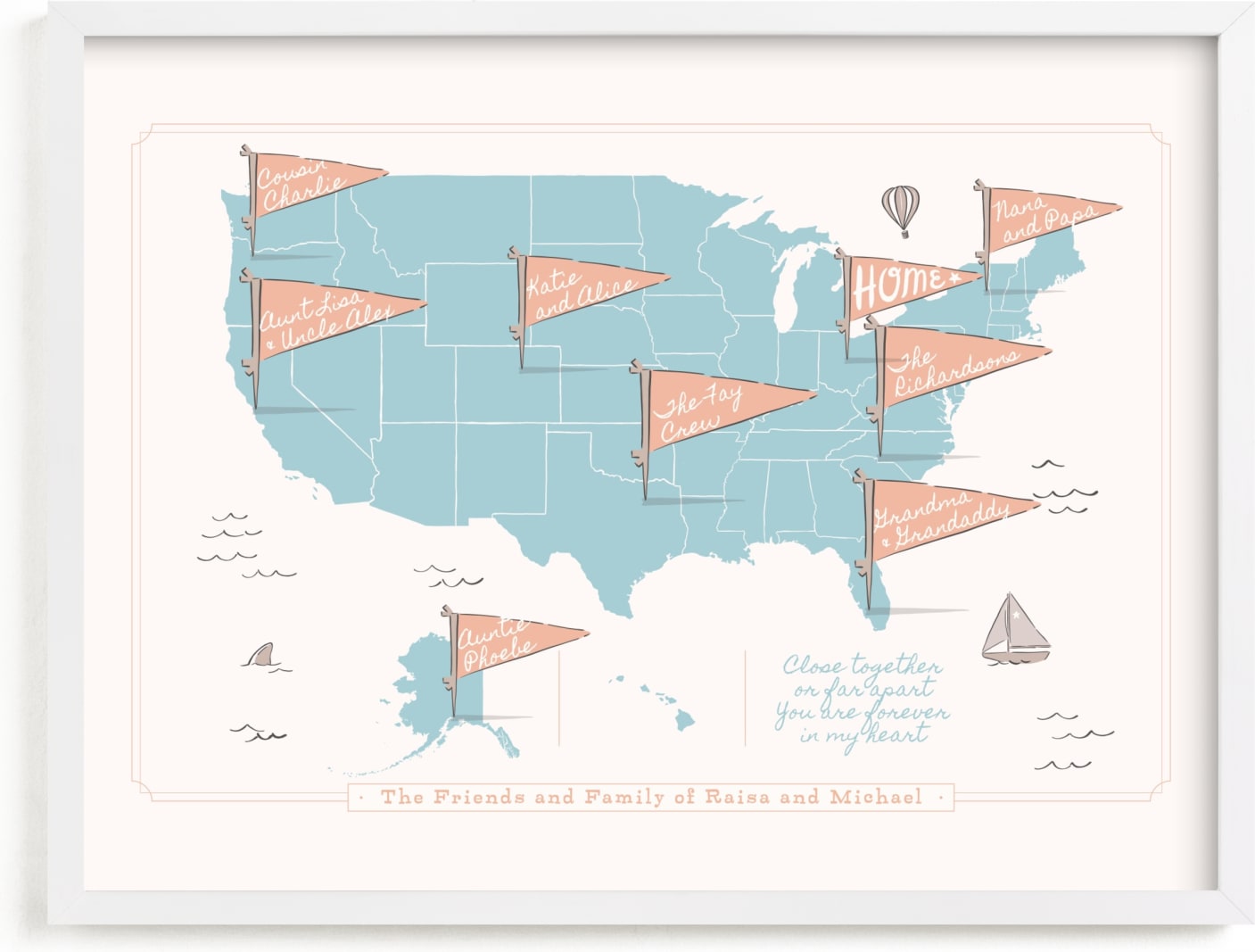 This is a blue personalized art for kid by Kelsey Mucci called Friends & Family Map.